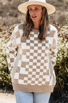 KaleaBoutique Checkered Print Drop Shoulder Round Neck Sweater - KaleaBoutique.com