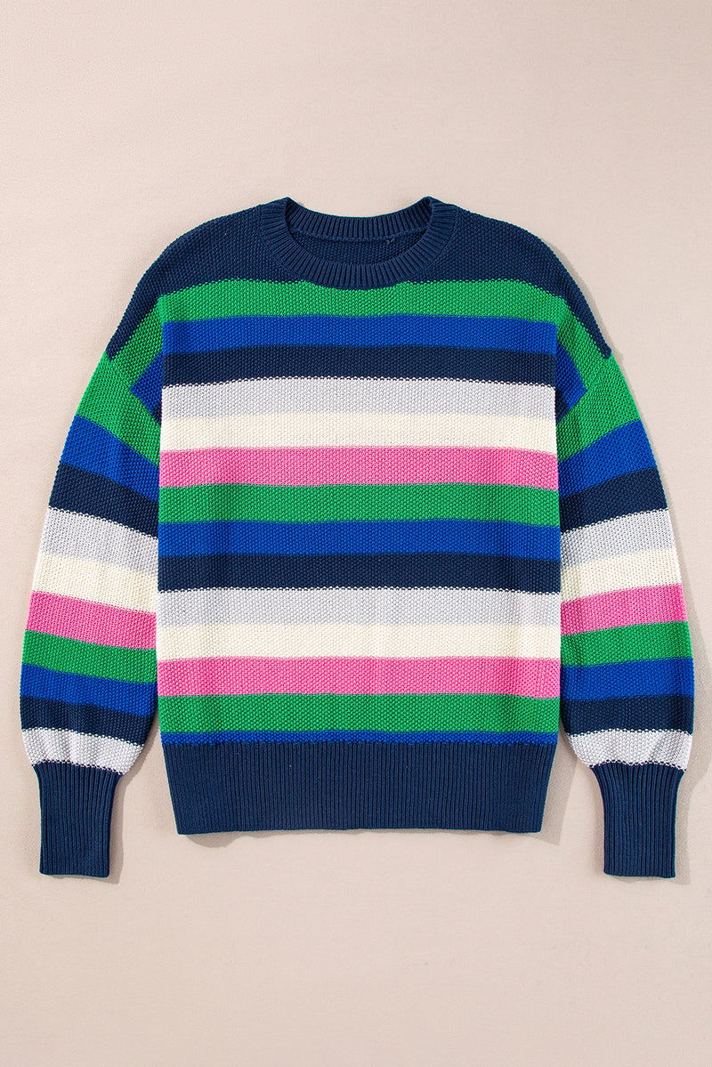 KaleaBoutique Rainbow Striped Crew Neck Drop Shoulder Sweater - KaleaBoutique.com