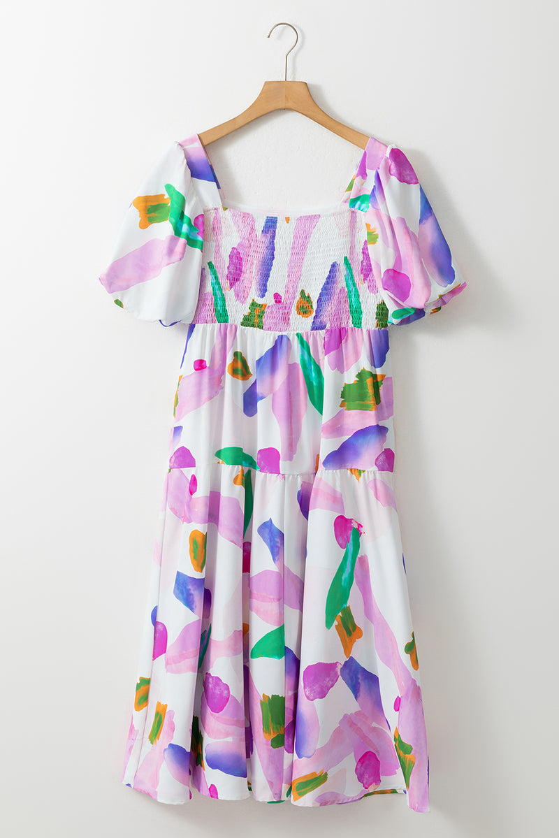 KaleaBoutique Abstract Print Puff Sleeve Smocked Back Midi Dress - KaleaBoutique.com