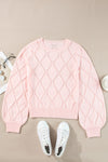 KaleaBoutique Openwork Plaid Puff Sleeve Cropped Sweater - KaleaBoutique.com