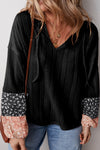 KaleaBoutique Floral Patchwork Textured Knit Drawstring V Neck Blouse - KaleaBoutique.com