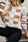 KaleaBoutique Checkered Ribbed Edge O Neck Drop Shoulder Sweater - KaleaBoutique.com