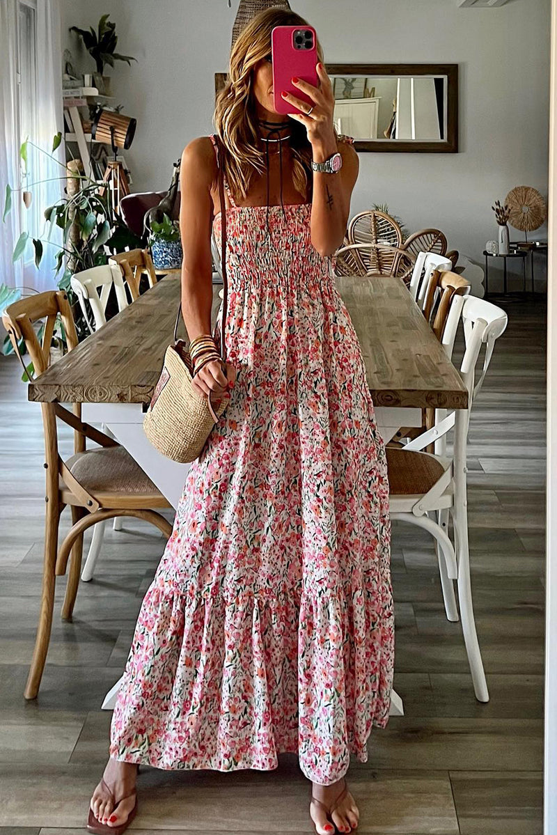 KaleaBoutique Boho Floral Smocked Ruffled Maxi Dress - KaleaBoutique.com