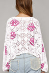 KaleaBoutique Contrast Flower Print Eyelet Drop Shoulder Sweater - KaleaBoutique.com