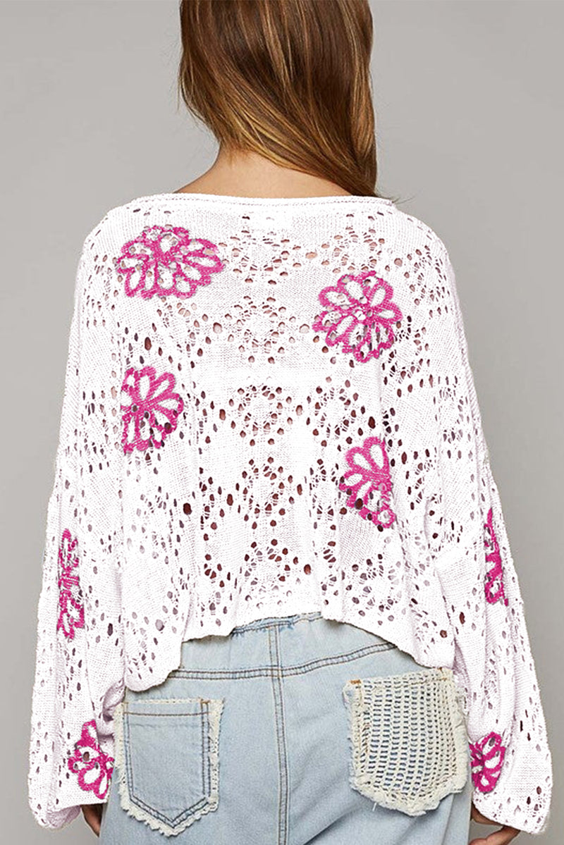 KaleaBoutique Contrast Flower Print Eyelet Drop Shoulder Sweater - KaleaBoutique.com