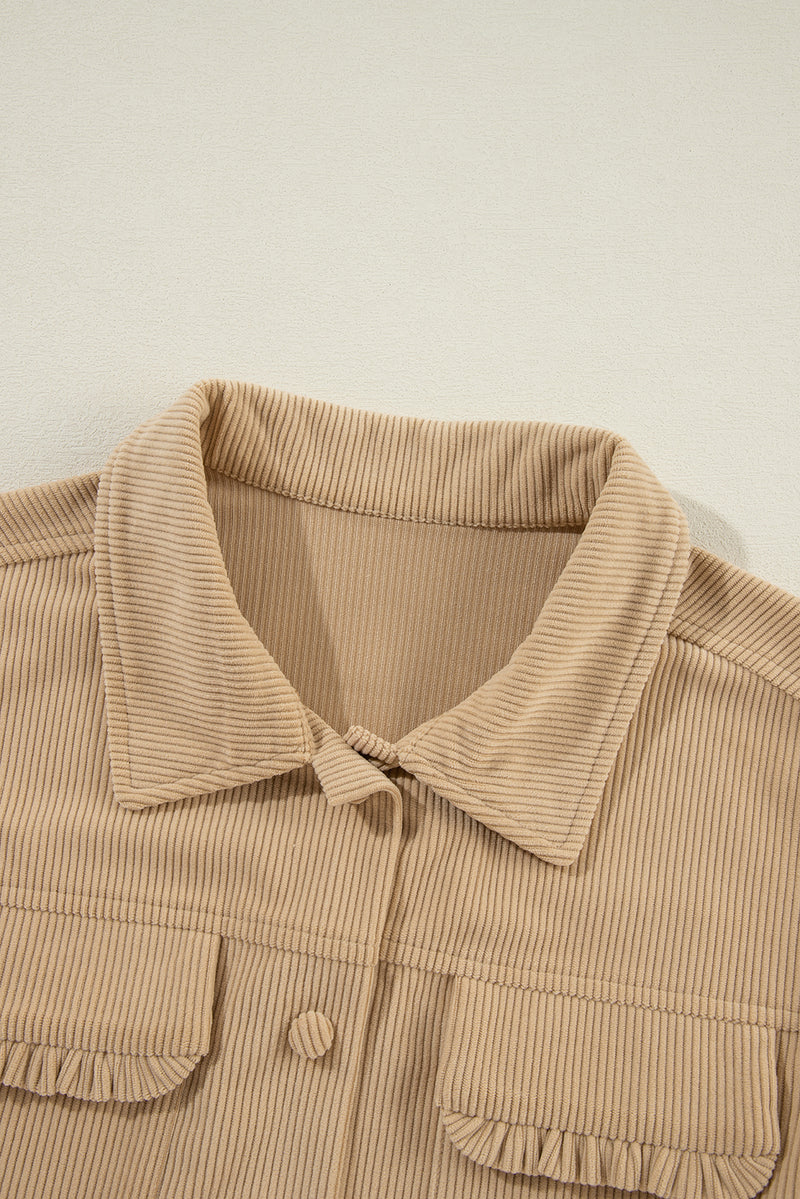 KaleaBoutique Solid Frilled Flap Pocket Button Up Corduroy Shacket - KaleaBoutique.com