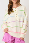 KaleaBoutique Rainbow Stripes Drop Shoulder Baggy Henley Sweater - KaleaBoutique.com