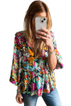 KaleaBoutique Floral Print Bubble Sleeve V Neck Ruffled Blouse - KaleaBoutique.com