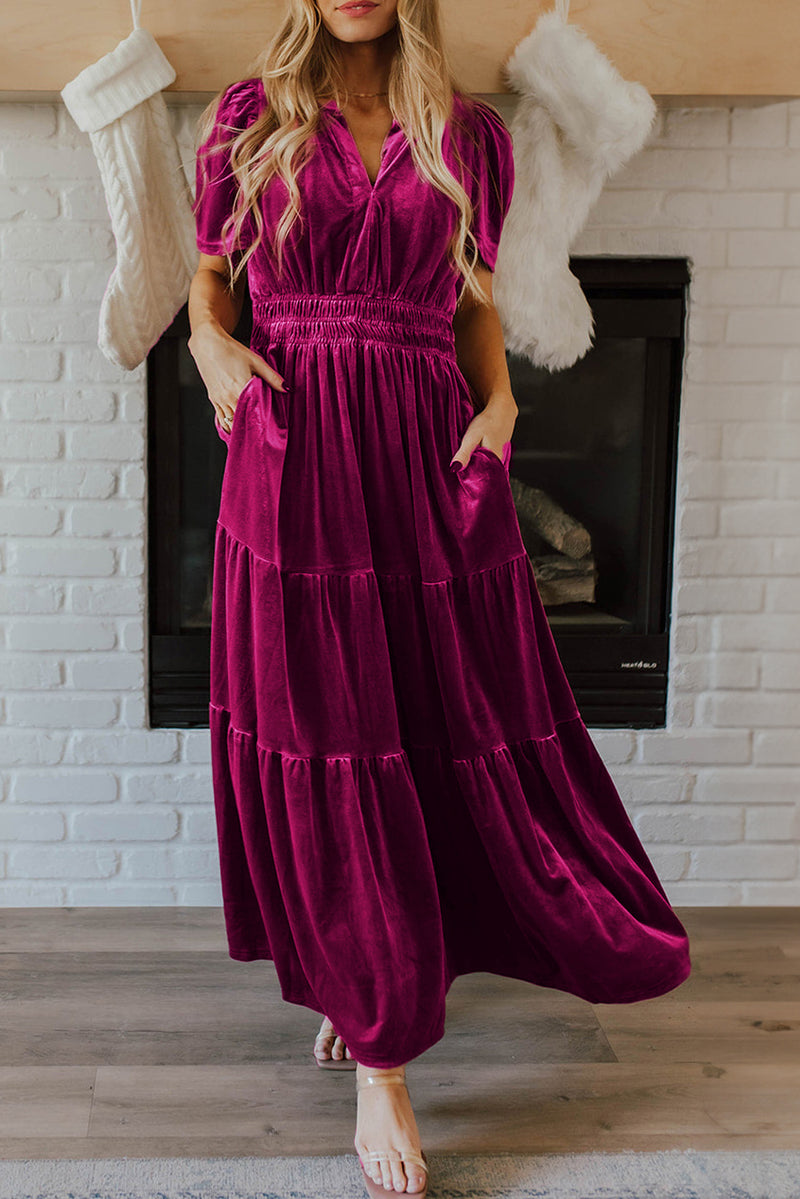 KaleaBoutique Velvet Short Sleeve Shirred Waist Tiered Maxi Dress - KaleaBoutique.com