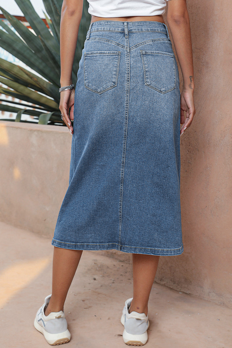 KaleaBoutique 4 Patch Pockets Front Slit Midi Denim Skirt - KaleaBoutique.com