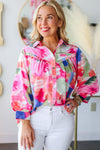 KaleaBoutique Abstract Printed Lantern Sleeve Frilled Button Front Collared Shirt - KaleaBoutique.com