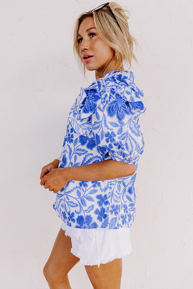 KaleaBoutique Floral Print Ruffled Bubble Sleeve Blouse - KaleaBoutique.com