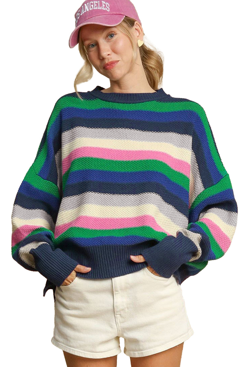 KaleaBoutique Rainbow Striped Crew Neck Drop Shoulder Sweater - KaleaBoutique.com