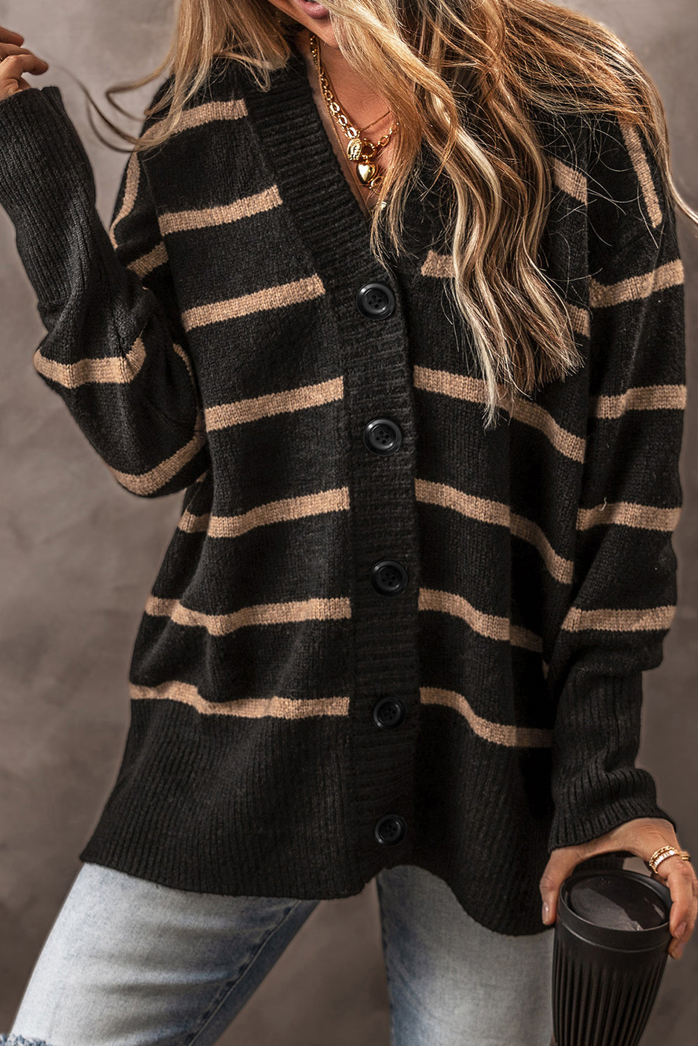 KaleaBoutique Stylish Buttoned V Neck Drop Shoulder Loose Cardigan - KaleaBoutique.com