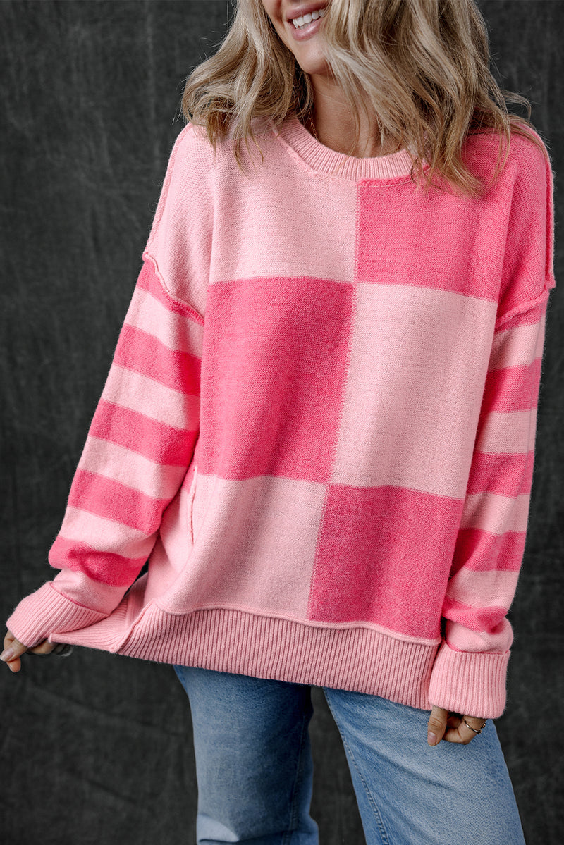 KaleaBoutique Checkered Colorblock Striped High Low Loose Sweater - KaleaBoutique.com