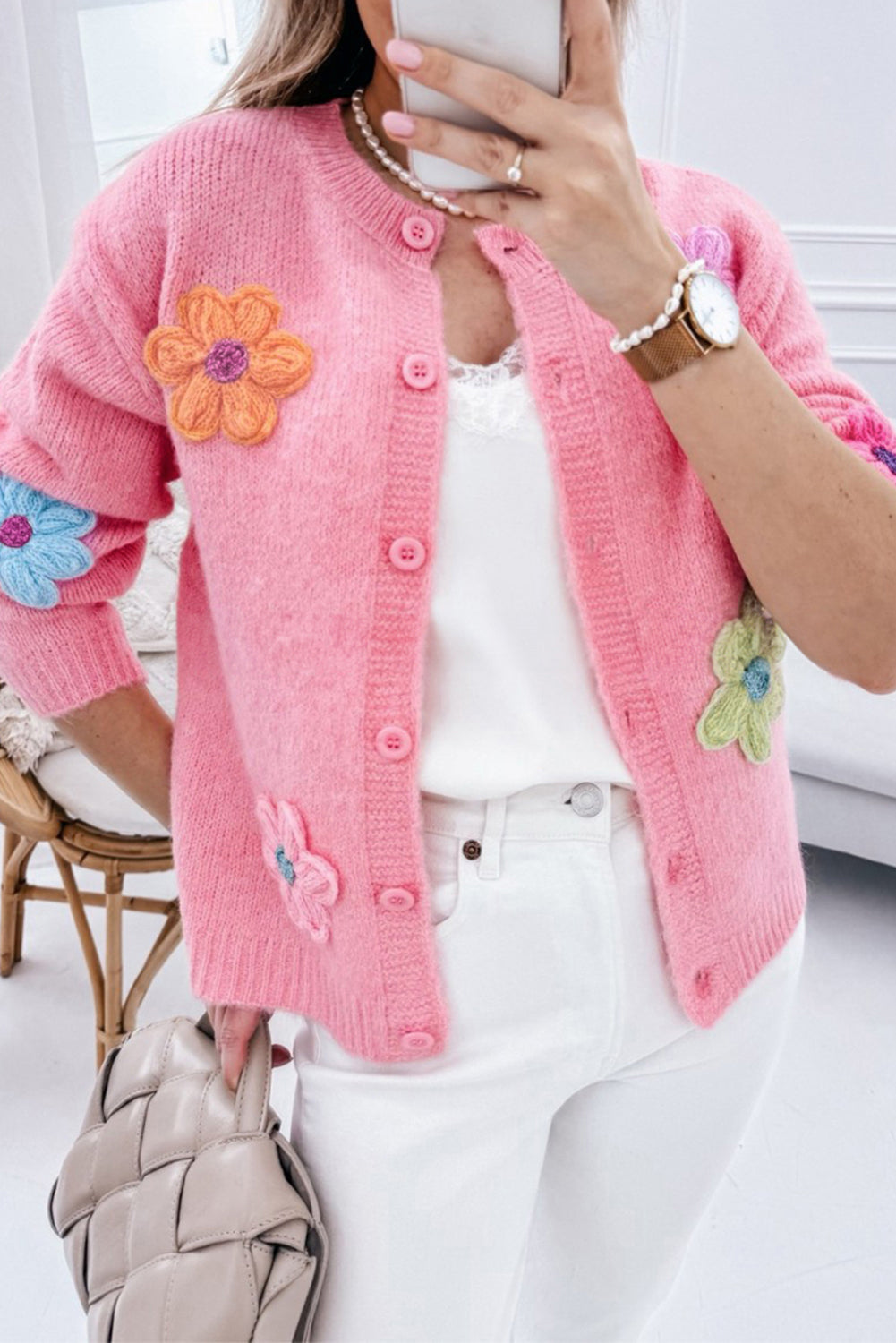 Cute Knitted Floral Pattern Button Up Cardigan - KaleaBoutique.com