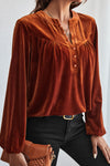 KaleaBoutique Lantern Sleeve Beaded Split V Neck Velvet Top - KaleaBoutique.com