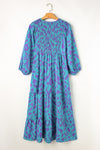 KaleaBoutique Abstract Print Puff Sleeve Tied Notched Neck Long Dress - KaleaBoutique.com