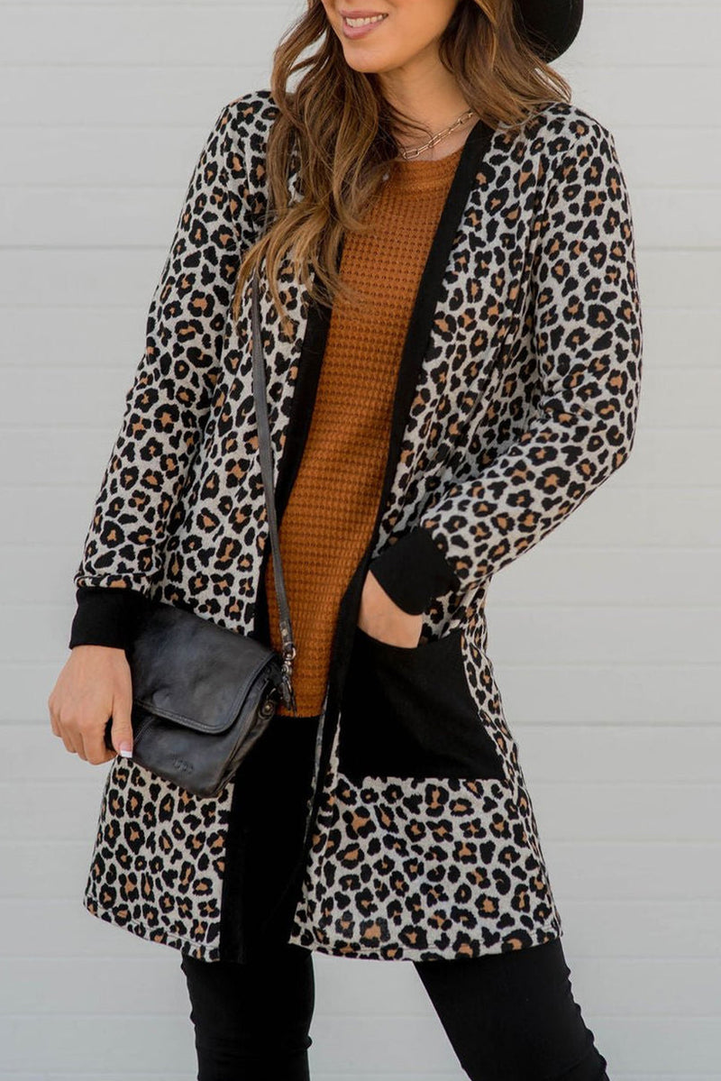 Leopard Patched Pocket Open Front Cardigan - KaleaBoutique.com