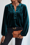 KaleaBoutique Lantern Sleeve Beaded Split V Neck Velvet Top - KaleaBoutique.com