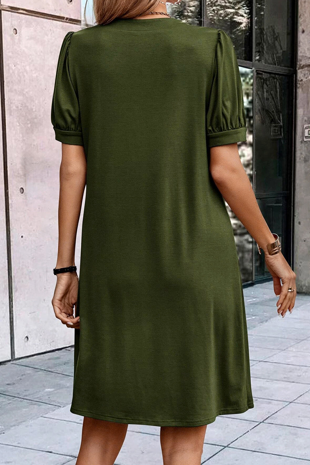 Notched Neck Pleated Puff Sleeve Shift T-shirt Dress - KaleaBoutique.com