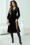 KaleaBoutique Velvet Buttoned Puff Sleeve V Neck Split Midi Dress - KaleaBoutique.com