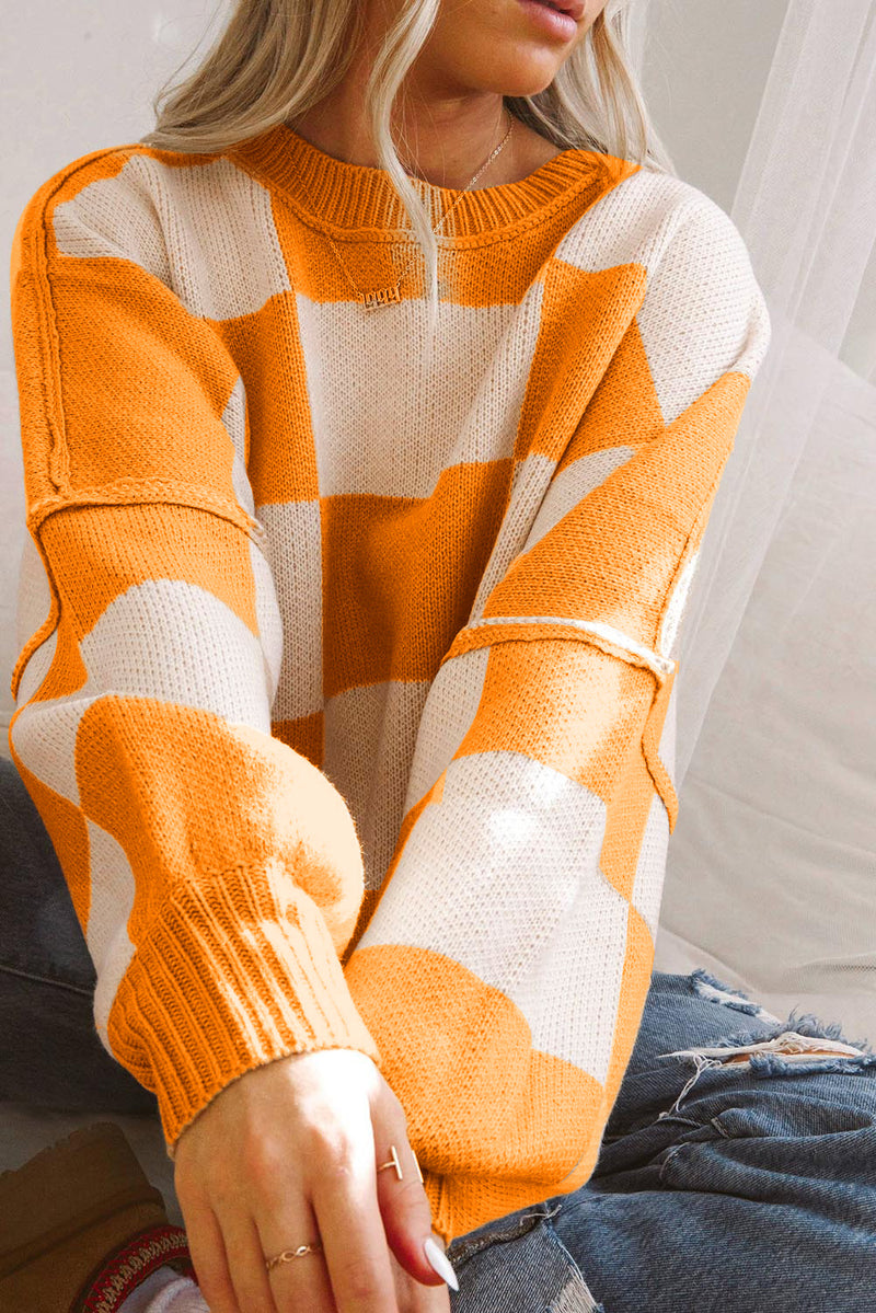 KaleaBoutique Orange Checkered Bishop Sleeve Sweater - KaleaBoutique.com