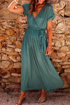 KaleaBoutique Solid Color V Neck Wrap Pleated Short Sleeve Maxi Dress - KaleaBoutique.com