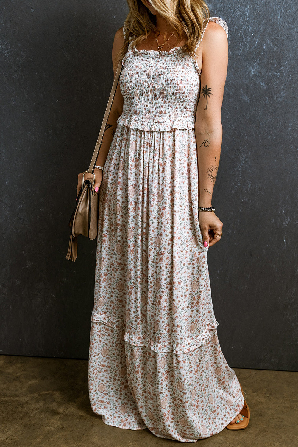 KaleaBoutique Lace Frilly Straps Shirred Floral Maxi Dress - KaleaBoutique.com