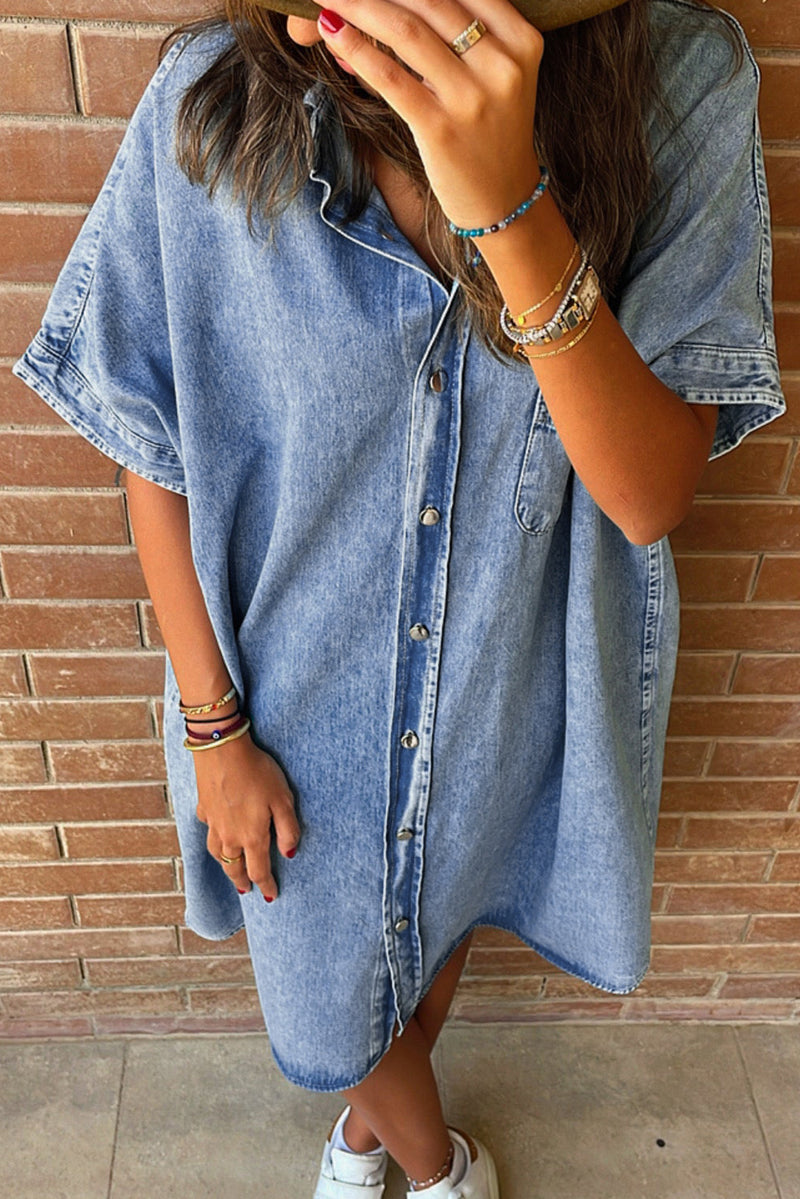 KaleaBoutique Loose Medium Wash Short Sleeve Shirt Chambray Dress - KaleaBoutique.com