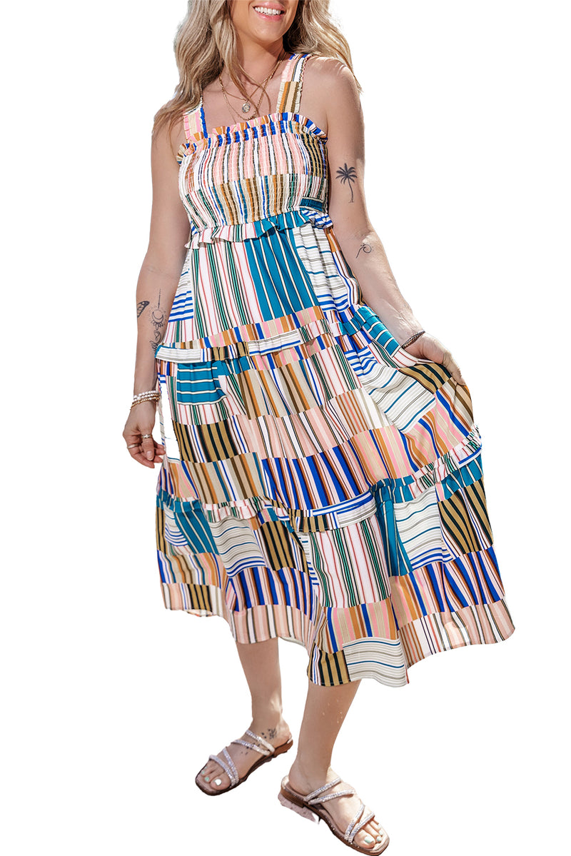 KaleaBoutique Mix Striped Wide Straps Smocked Tiered Maxi Dress - KaleaBoutique.com