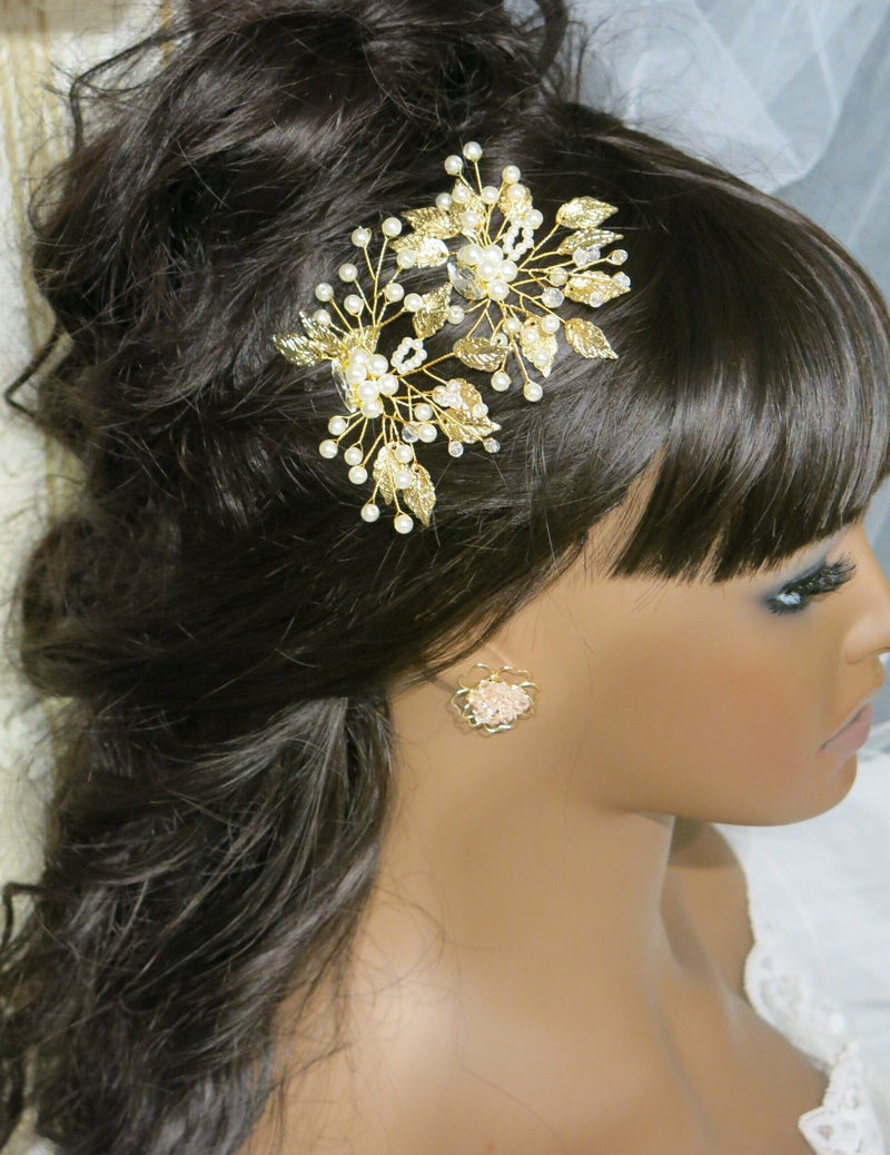 Flower Gold Leaf 2 PC Hairpin Set, Bridal Gold Wire Hair Pins, Wedding Rhinestone Large Hairpins - KaleaBoutique.com