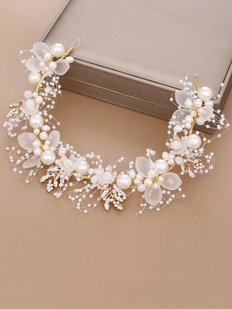 Flower Girl Pearl Headband, Bridal White Floral Tiara, Boho Wedding Flower Headband, Bridal Head Wreath Hair Vine - KaleaBoutique.com