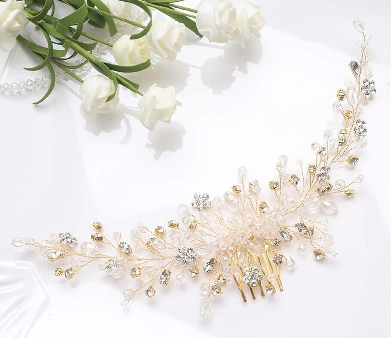 Crystal Pearl Large Bridal Hair Comb, Floral Wedding Rhinestone Hair Comb, Large Crystal Wire Hair Comb - KaleaBoutique.com