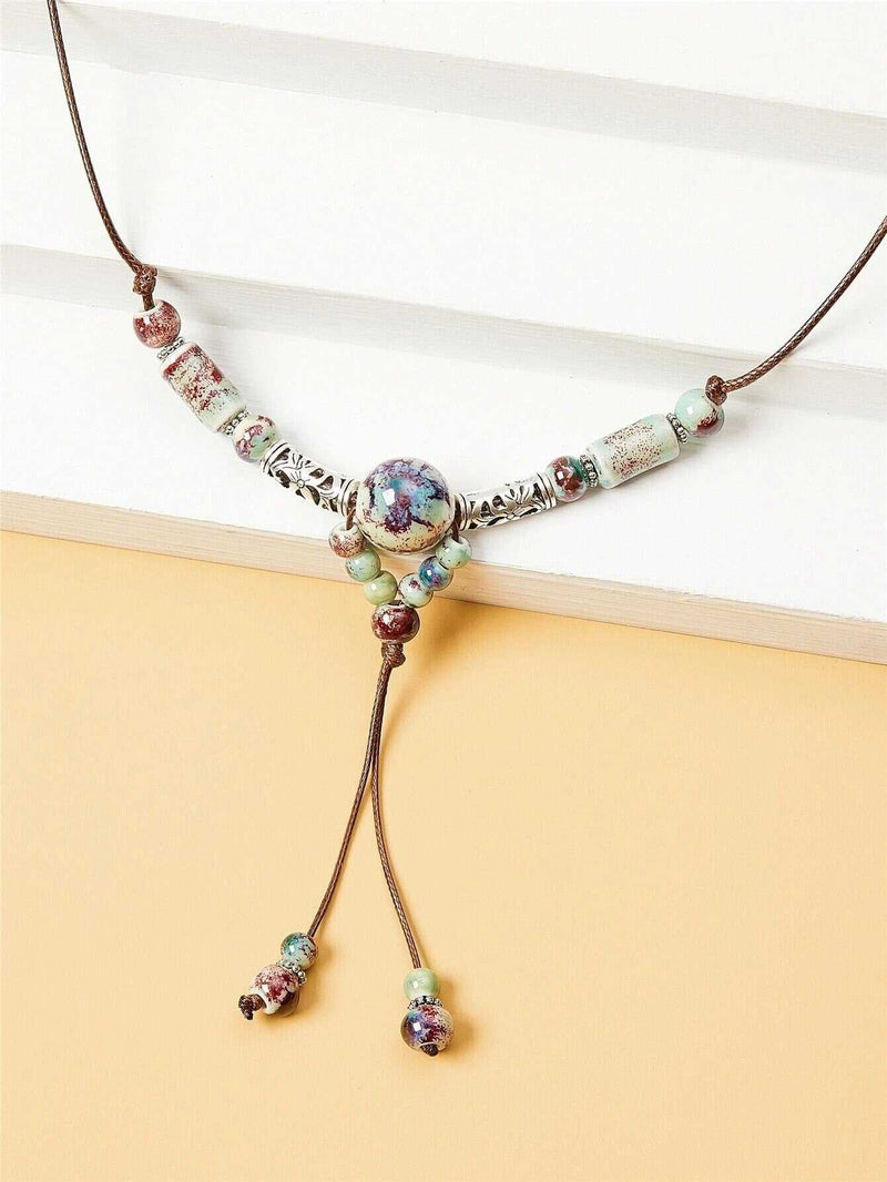 Ceramic Bead Tribal Necklace, Ethnic Adjustable Long Rope Knot Y-Necklace, Leather Cord Bohemian Beach Necklace - KaleaBoutique.com