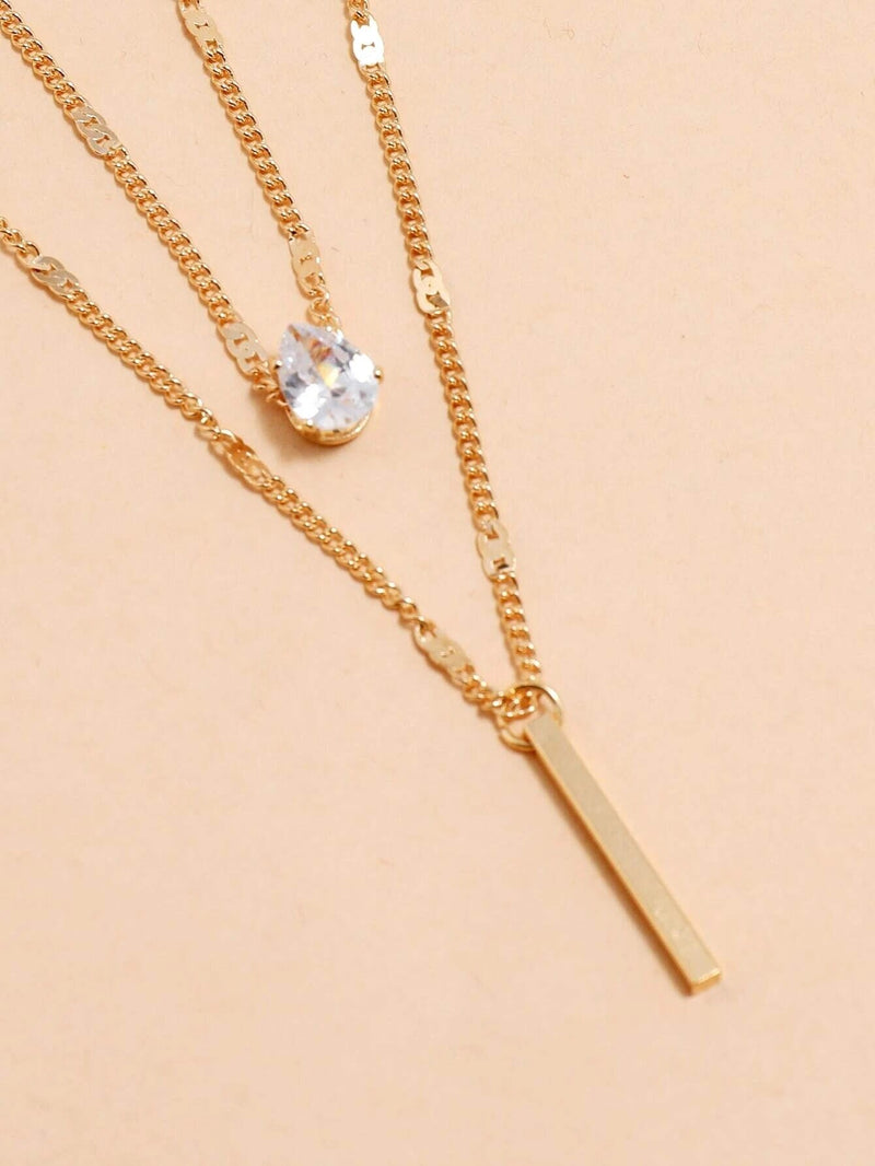 Double 2 PC Necklace Set Minimalist Dainty Bar Charm Two Chains Aesthetic Rhinestone Pendant Trendy Gem Charm Jewelry Set of 2 Necklaces - KaleaBoutique.com