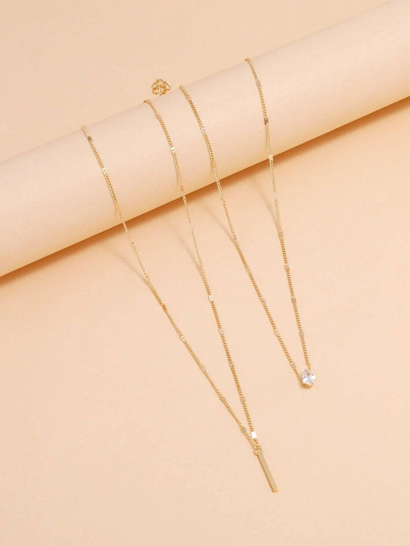 Double 2 PC Necklace Set Minimalist Dainty Bar Charm Two Chains Aesthetic Rhinestone Pendant Trendy Gem Charm Jewelry Set of 2 Necklaces - KaleaBoutique.com