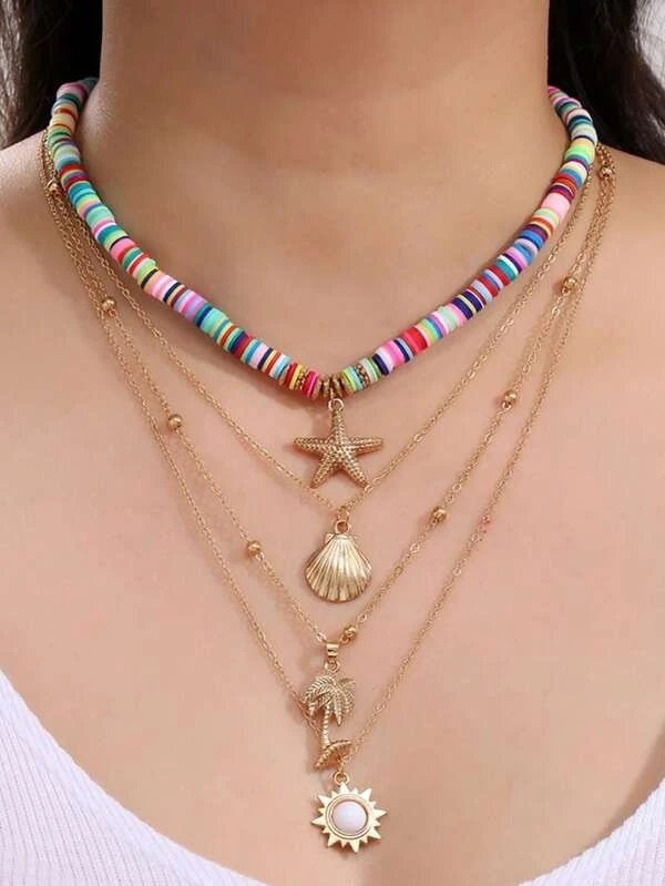 Layered Gold Chain Multi Strand Long Necklace, Multi Strand Boho Shell Charm Long Beach Necklace - KaleaBoutique.com