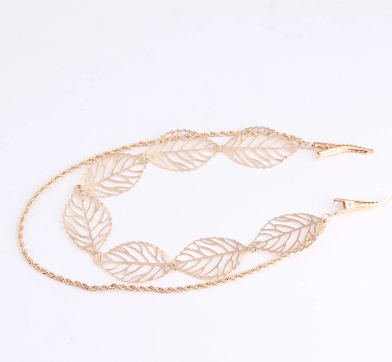 Gold Leaves and Rope Dual Chain Hair Vine, Bridal Gold Chained Vine Hairclip, Boho Dancer Hairpiece - KaleaBoutique.com