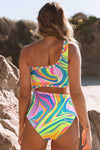 KaleaBoutique Stylish Abstract Swirl Print Asymmetric Cutout One Piece Swimsuit - KaleaBoutique.com