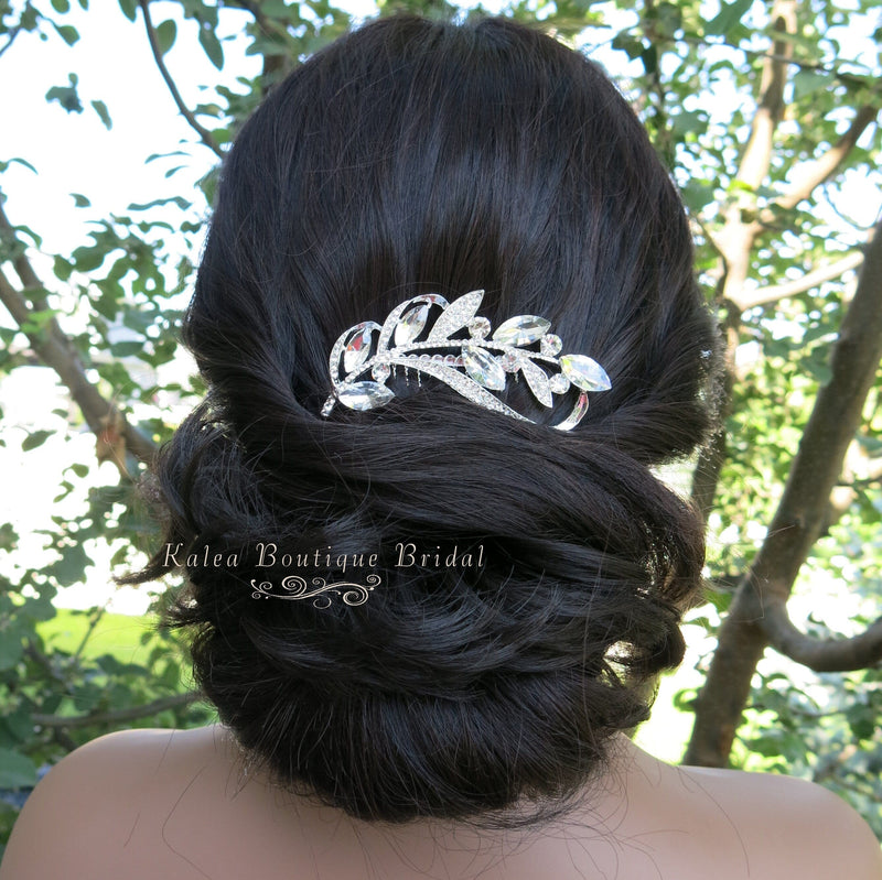 Rhinestone Leaf Crystal Silver Hair Comb, Wedding Crystal Decorative Hair Comb, Bridal Rhinestone Gem Hairpiece - KaleaBoutique.com