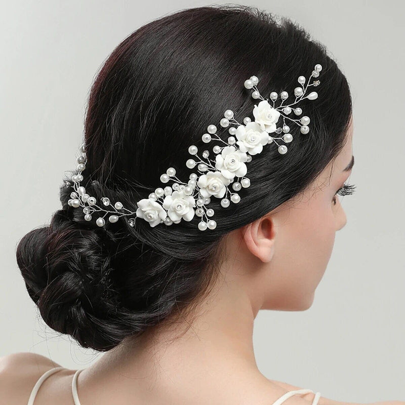 White Ceramic Rose Bridal Hair Vine, Crystal Pearl Wedding Hair Comb Head Wreath, Bride Silver Floral Hair Wire - KaleaBoutique.com