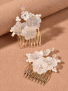 White Flower 2 PC Hair Comb Set, Wedding Floral Pearl Hairpiece 2 PC Set, Bridal White Floral Small Hair Comb Set - KaleaBoutique.com