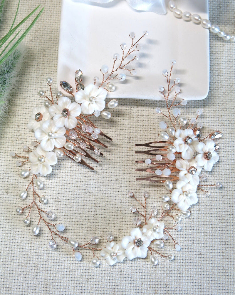 White Flower Hair Vine with Dual Combs, Bridal Pearl Wire Wedding Headband Floral Head Wreath Hair Vine - KaleaBoutique.com