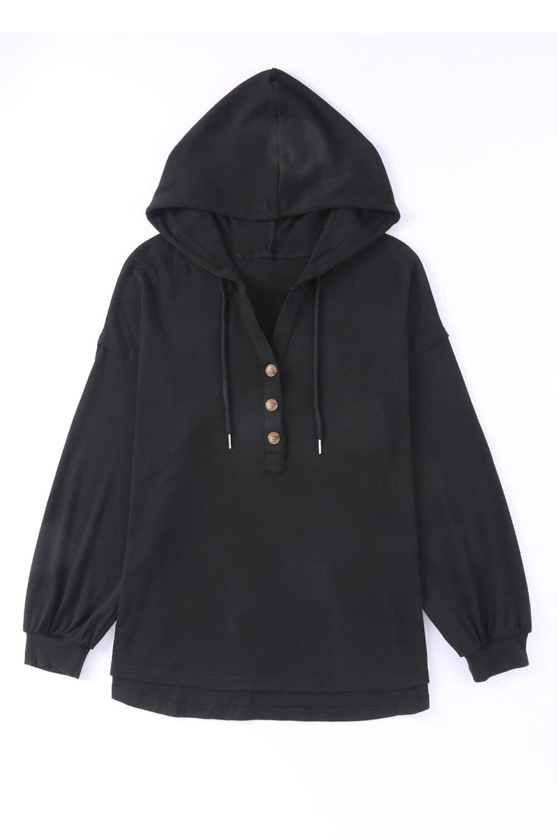 KaleaBoutique Black Buttoned High and Low Hem Hoodie - KaleaBoutique.com