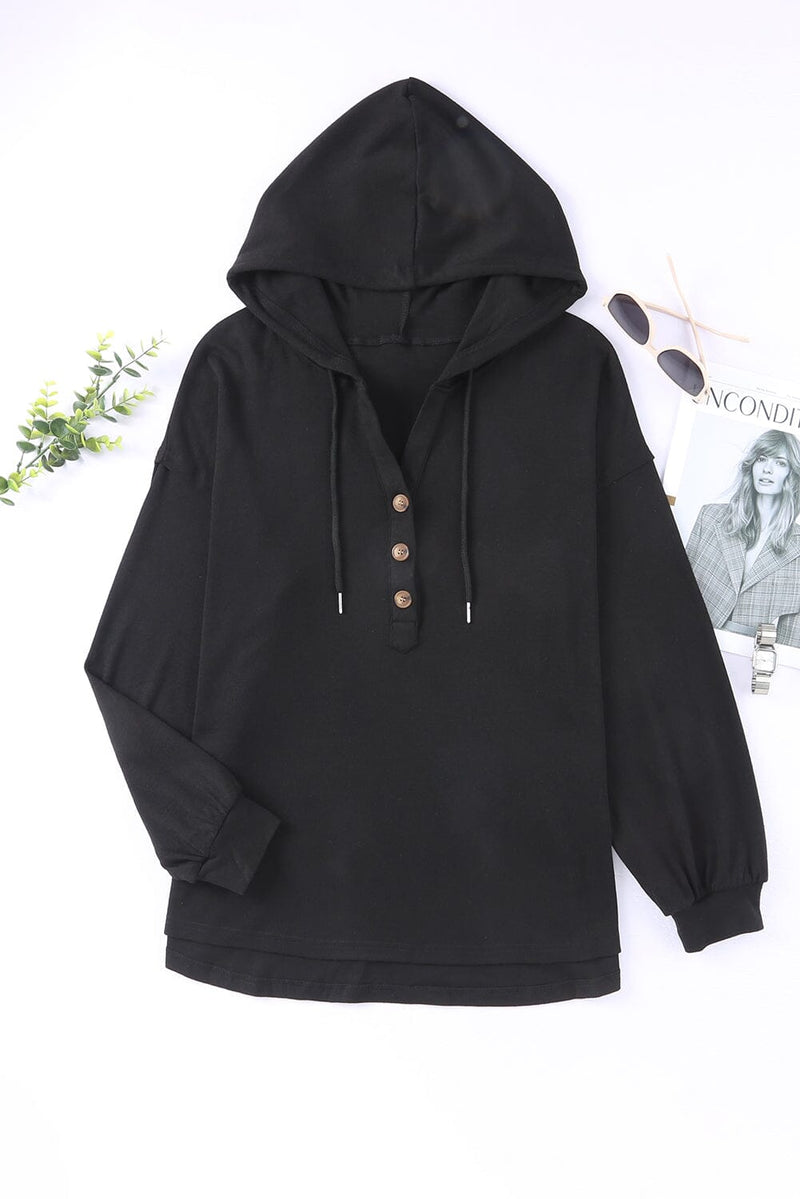 KaleaBoutique Black Buttoned High and Low Hem Hoodie - KaleaBoutique.com