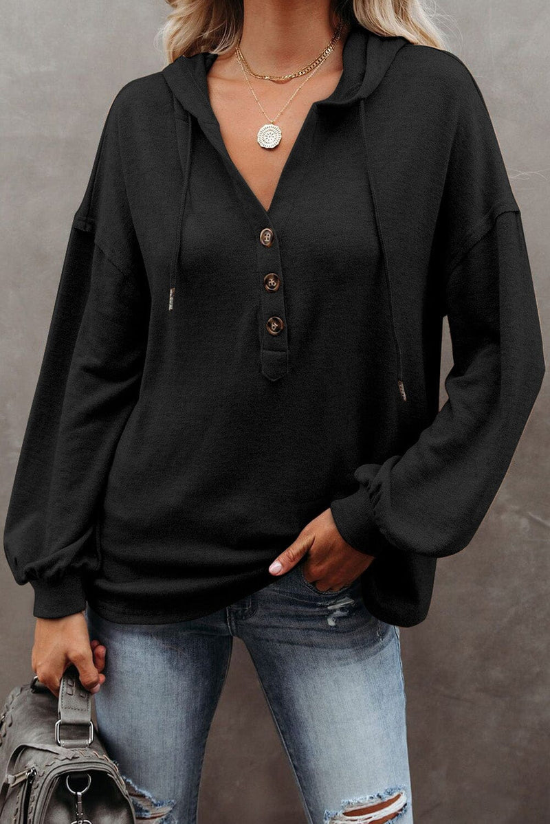 KaleaBoutique Black Buttoned High and Low Hem Hoodie - KaleaBoutique.com