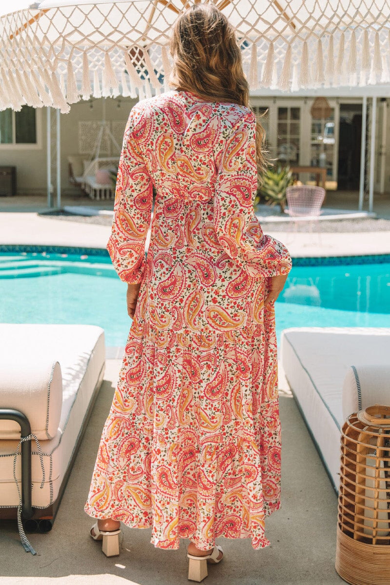 KaleaBoutique Boho Holiday Paisley Print Tiered Long Sleeve Maxi Dress - KaleaBoutique.com