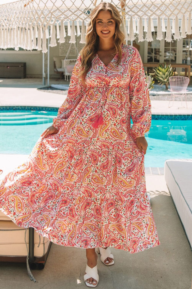 KaleaBoutique Boho Holiday Paisley Print Tiered Long Sleeve Maxi Dress - KaleaBoutique.com