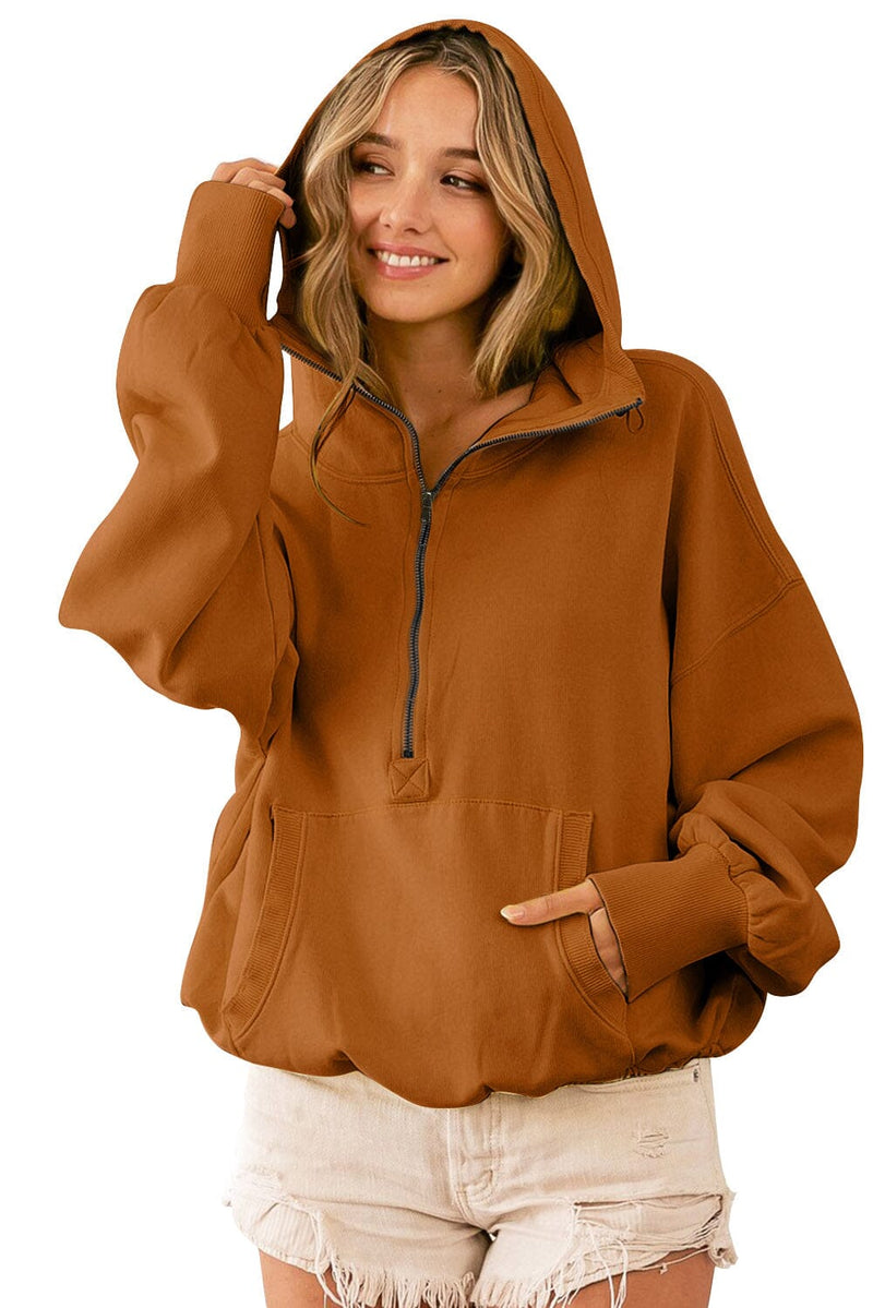 KaleaBoutique  Brown Ribbed Trim Kangaroo Pocket Zipped Hoodie - KaleaBoutique.com